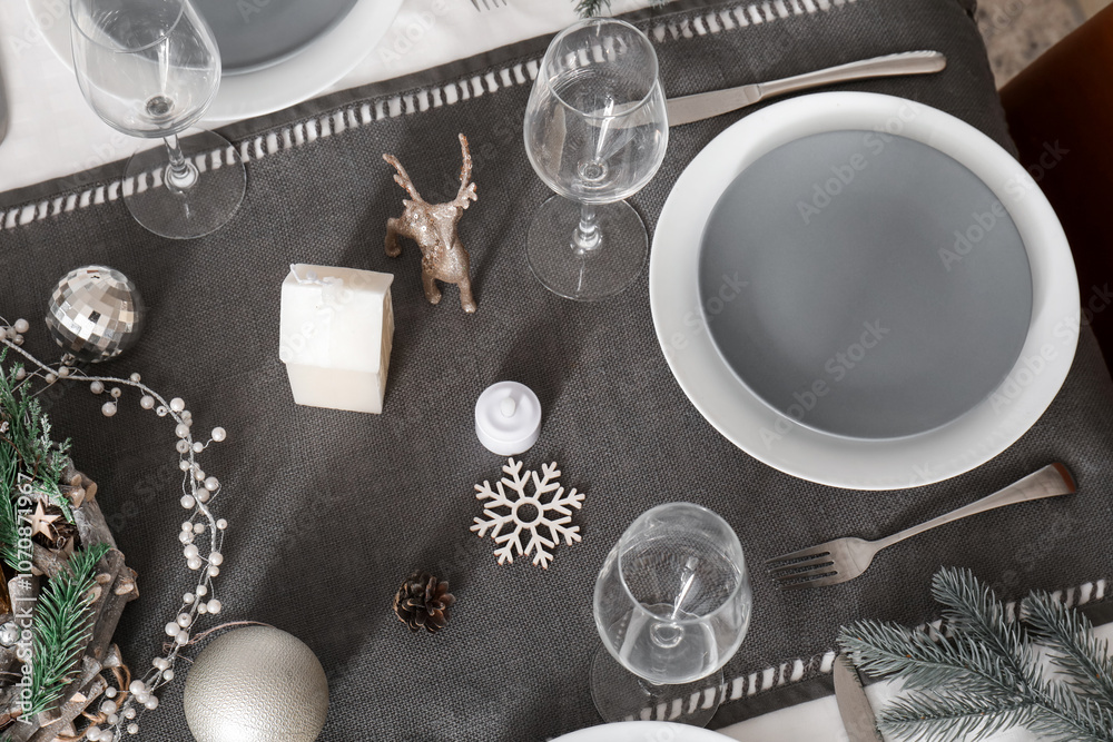 Dining table served for Christmas celebration, closeup