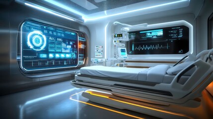 Poster - Modern hospital room with a futuristic design featuring a digital screen displaying medical data and a hospital bed.