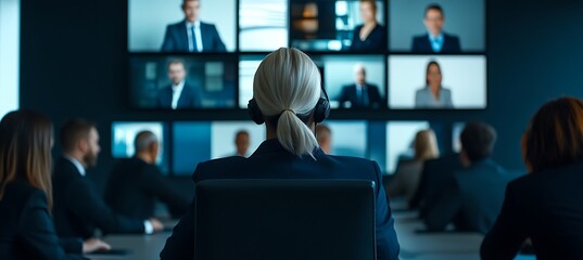 Poster - A group of business professionals in a video conference call with multiple screens in the background.