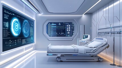 Aufkleber - A futuristic hospital room with advanced medical technology and monitoring systems.