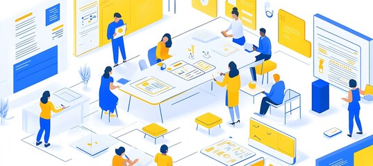 Poster - A high-angle view of a brainstorming session with diverse team members collaborating around a table, surrounded by digital whiteboards. 