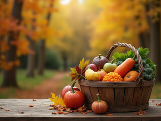 Poster - A rustic wooden table features a wooden basket overflowing with seasonal produce amidst a warm fall atmosphere for social media use