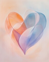 Abstract love symbol in soft tones, showcasing a heart made of delicate lines and smooth curves, painted in a palette of muted peach, baby blue, and lavender, creating an ethereal.