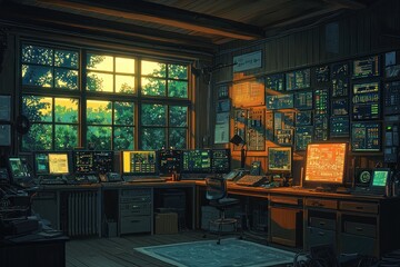 Poster - A dimly lit computer room with a large window overlooking a green forest during the golden hour.