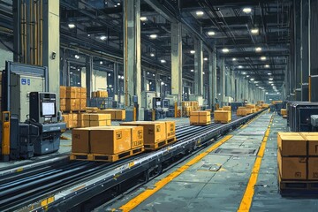 Poster - Automated Conveyor System Moving Cardboard Boxes Through a Large Warehouse