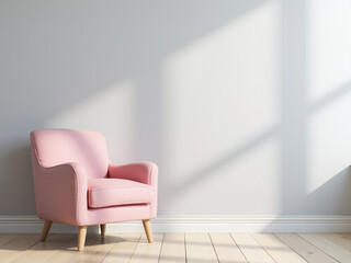Aufkleber - A soft pink chair sits against a light gray wall in a calm minimalist room with wooden floors and natural window light