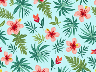 Poster - A stylized pattern of palm leaves hibiscus flowers and mythical creatures adorns a light sky blue background in an abstract floral design