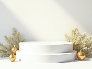 Poster - A white podium decorated with gold Christmas ornaments and pine branches sits atop a white and gold background with copy space below it
