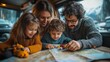 © Prostock-studio - A family of four is gathered around a map inside a camper, smiling and engaging with toys as they plan their next outdoor adventure in the mountains.