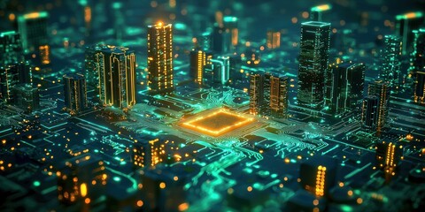 Poster - Futuristic Cityscape Built on a Circuit Board