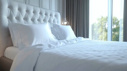 Poster - A neatly made bed in a modern bedroom with natural light streaming through the windows.