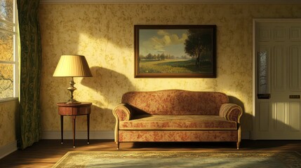 Poster - A cozy living room with a vintage sofa, lamp, and a landscape painting on the wall.