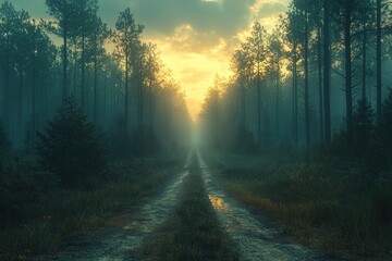 Poster - A Misty Forest Path at Sunset with Golden Light Filtering Through the Trees