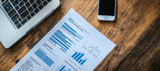 Poster - A high-angle view of a business plan spread out on a desk with a laptop and a smartphone, set in a modern office environment