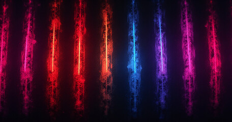 Poster - Bold neon hues dance across a dark background creating a dynamic rhythm that flows smoothly through vertical textured patterns