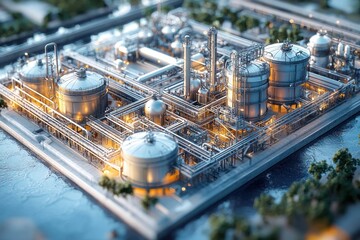 Aufkleber - Aerial View of an Illuminated Industrial Complex Surrounded by Water