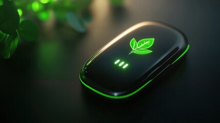 Green leaf symbol glowing on black device, eco-tech concept