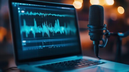 Poster - A laptop displaying audio waveforms next to a microphone, indicating sound recording.