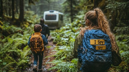 Poster - A group of children walks along a vibrant forest trail, with one carrying a backpack that says I Spy while a camper is visible in the background among the trees.