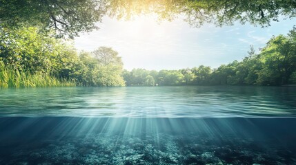 Poster - lake background with water underwater abstract fresh water diving scenery and nature s underwater ecosystem backdrop. Copy space image. Place for adding text and design