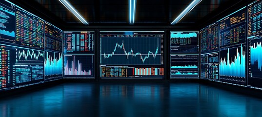 Poster -  A high-tech workspace with multiple screens showing global financial markets and stock charts.