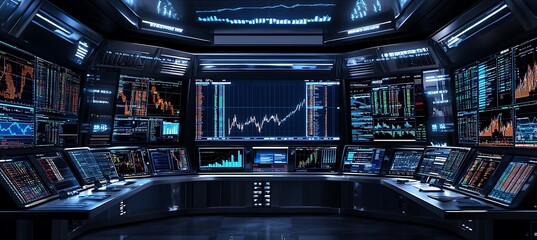 Poster -  A high-tech workspace with multiple screens showing global financial markets and stock charts.