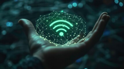 Fototapete - A hand holds a glowing Wi-Fi symbol, representing connectivity and technology.
