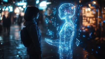 Poster - A humanoid holographic AI tutor interacts with a student in a futuristic urban setting at night
