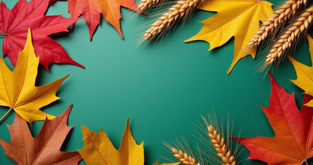 Aufkleber - Colorful fallen leaves and wheat on a green table create an autumnal design concept for sale backdrops in flat lay style