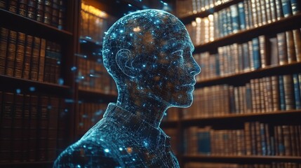 Poster - Holographic AI assistant projected in a law library provides legal information and assistance