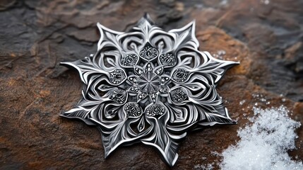 Aufkleber - A detailed silver snowflake design resting on a textured stone surface with snow.