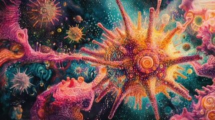 Poster - Abstract representation of microscopic organisms in a vibrant, colorful environment.