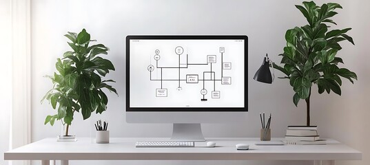 Poster - A minimalist workspace with a large monitor displaying an intricate flowchart of a business process, set in a clean, modern office.