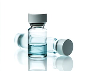 A glass vial filled with water sits on a table, great for medical or science illustrations