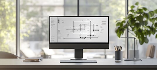 Poster - A minimalist workspace with a large monitor displaying an intricate flowchart of a business process, set in a clean, modern office.
