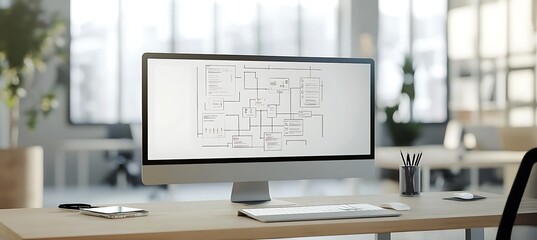 Poster - A minimalist workspace with a large monitor displaying an intricate flowchart of a business process, set in a clean, modern office.