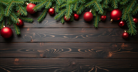 Poster - Dark wooden background features red and green Christmas decorations with fir branches set against a horizontal panoramic wide design template