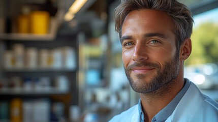 Wall Mural - Smiling AI assistant explains smart device features in a modern laboratory setting during the day