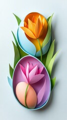 Wall Mural - Colorful paper flowers with cut out petals on a light background in an artistic display