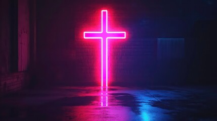 Poster - Illuminated neon cross of jesus christ a bright symbol of faith and spirituality in darkness