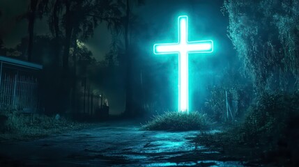 Poster - Illuminated neon cross of jesus christ a bright symbol of faith and spirituality in darkness