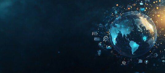 Poster - An abstract representation of a digital globe surrounded by business icons, set against a dark background, representing global business