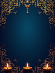 Poster - h deep blue background features delicate gold paisley patterns and glowing diya lamps in an ornate border design celebrating the vibrant culture