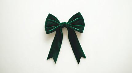 Wall Mural - green velvet bow made of narrow ribbon on white background 