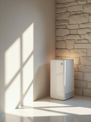 Aufkleber - Light filters through a rough stone wall casting a geometric pattern on a minimalist room with a 3D home appliance product