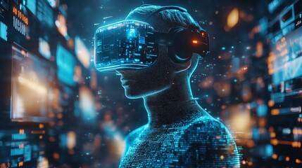Poster - Holographic AI product specialists engaged in virtual reality training in a high-tech environment