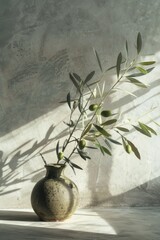 Wall Mural - A decorative vase filled with fresh green olives, suitable for kitchen or dining table decoration