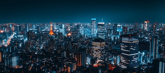 Poster - an aerial view of a bustling city at night with bright lights, representing a global business hub