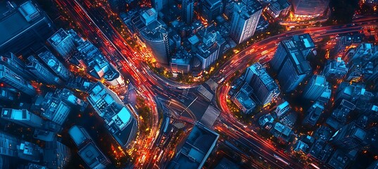 Poster - an aerial view of a bustling city at night with bright lights, representing a global business hub