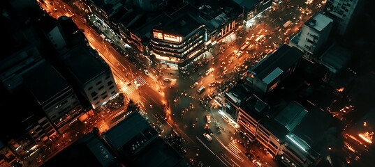 Poster - an aerial view of a bustling city at night with bright lights, representing a global business hub